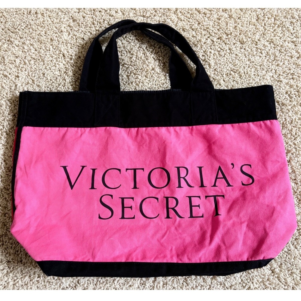 Victoria's Secret Pink Red Black Canvas Tote Bag Logo Large Travel Beach Shopper